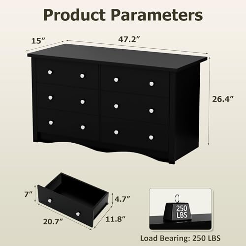 6-Drawer Wood Bedroom Dresser, 47.2-Inch Wide Storage Organizer Chest