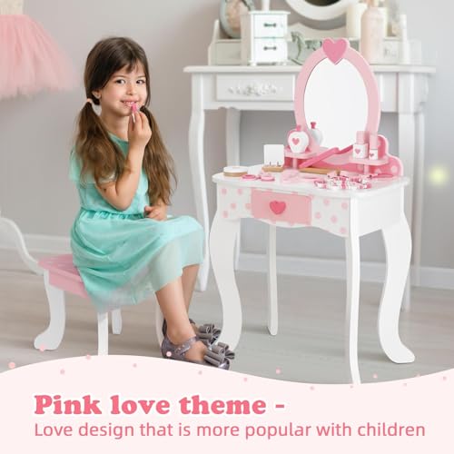 Kids Vanity Set with Mirror, Chair, and 15-Piece Makeup Accessories
