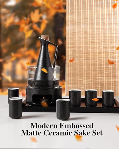 ZENS Black Sake Set with 6 Cups & Warmer - 13 oz Hot Sake Tea Ceremony
