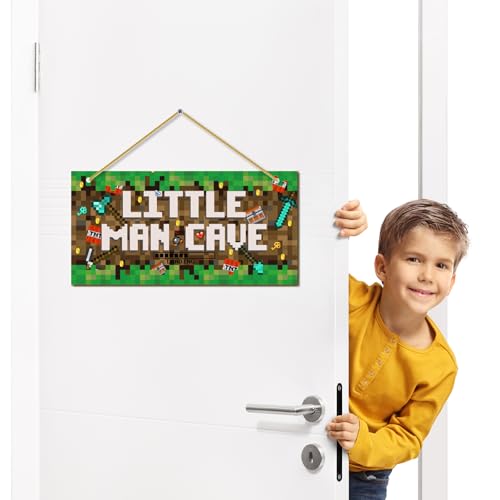Little Man Cave Pixel Gaming Door Sign - Wooden Gamer Room Wall Decor