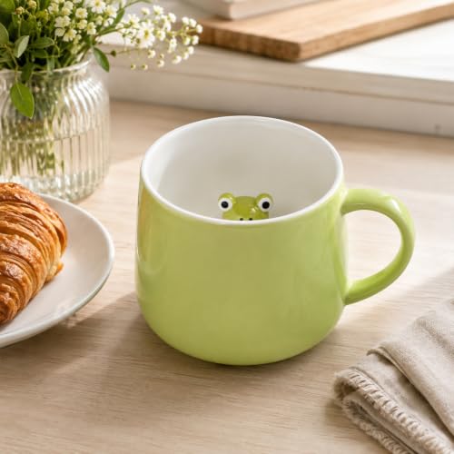 Merriva 11 oz Green Ceramic Frog Coffee Mug with Hidden Animal Surprise - Novelty Gift for Frog Lovers
