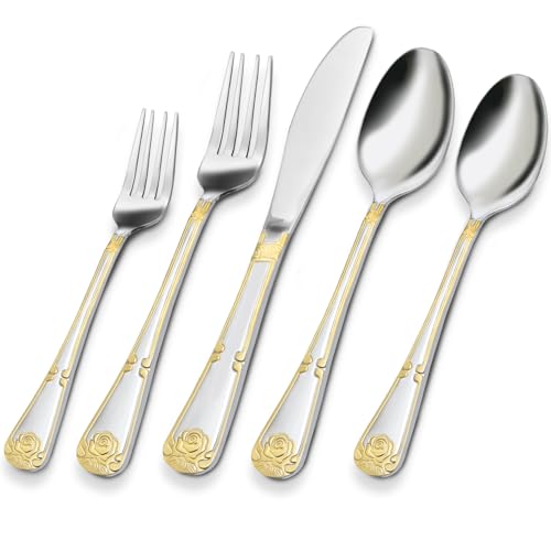 MUJINON 18/0 Stainless Steel Silverware Set for 4 with Gold Accents - 20 Piece Flatware for Formal Dining & Gift