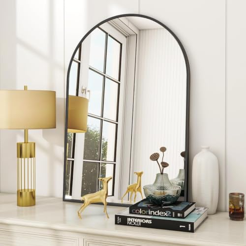 24x36 Inch Arched Wall Mirror, Black Metal Frame Vanity Mirror
