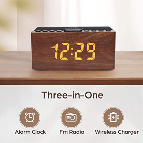 Wooden LED Digital Alarm Clock with Wireless Charger and FM Radio