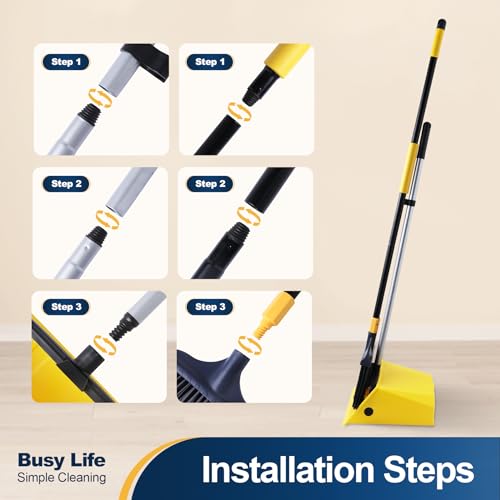 Commercial Heavy Duty Broom and Dustpan Set with Built-In Comb & Long Handle