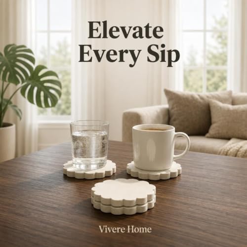 Vivere Home Concrete Stone Coasters Set of 4 - Non-Slip Drink Protectors for Coffee & Drinks