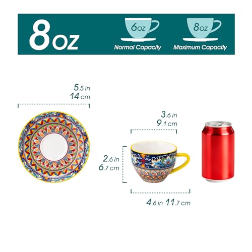 Vancasso 8oz Porcelain Cappuccino Cups & Saucers Set of 6 - Bohemian Design, Dishwasher & Microwave Safe