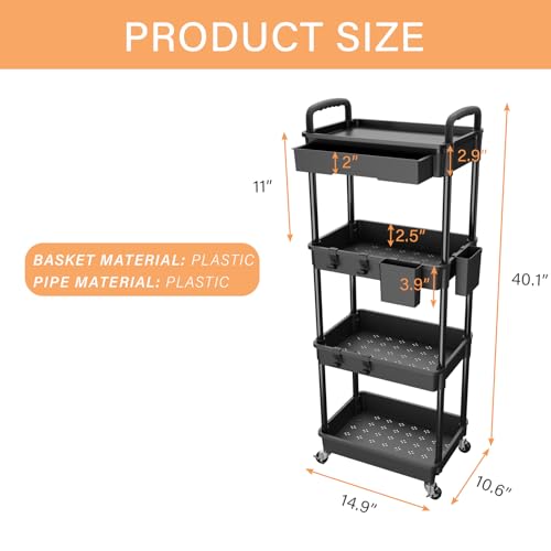 4-Tier Rolling Utility Cart with Drawer, Mobile Organizer Shelf - Black