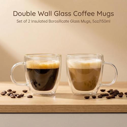 Double Wall Borosilicate Glass Coffee Mugs Set of 2 5oz Insulated Drinkware