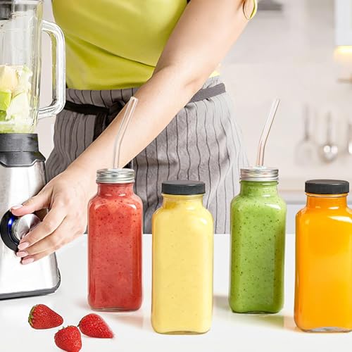 TUZAZO Glass Juice Bottles with Lids - 12oz Reusable Clear Drink Containers (10 Pack)