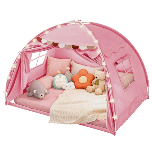 Indoor Twin Bed Tent Canopy for Kids with Star Lights & Flags, Pink