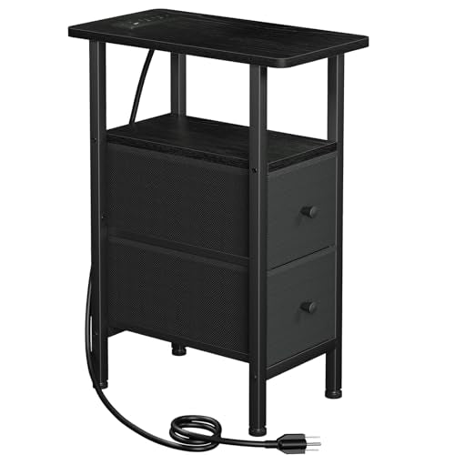 Narrow End Table with Charging Station & 2 Fabric Drawers - Slim Side Table