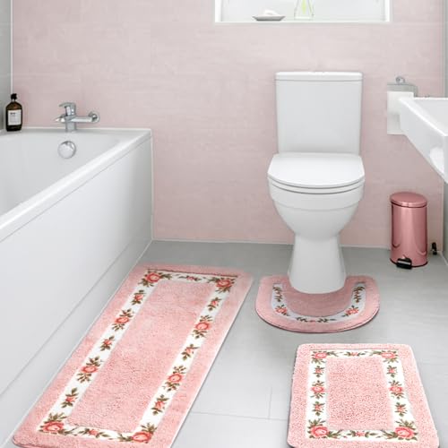 3-Piece Rose Flower Bathroom Rug Set, Non-Slip Floral Bath Mat Collection
