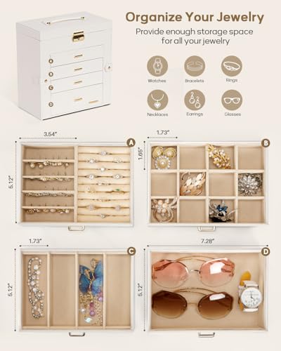 Large Jewelry Box Organizer with Lock - 5-Layer Storage for Necklaces, Earrings, Rings & Watches