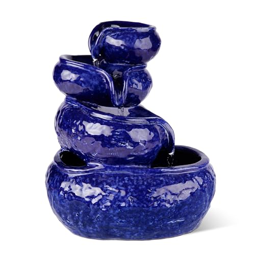 4-Tier Ceramic Tabletop Water Fountain, Cobalt Blue Cascading Indoor Decor