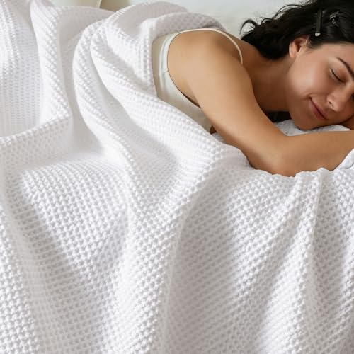 Cotton Waffle Blanket - Lightweight Queen Size White Throw