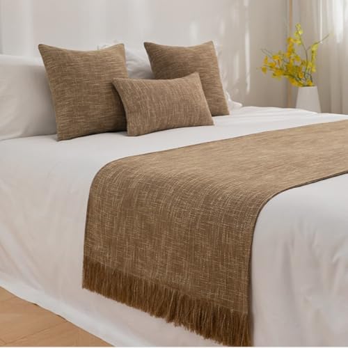 Solid Color Cotton Linen Bed Runner with Tassels - Brown, 50x260cm, Matching Pillow Covers Optional