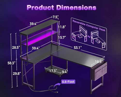 53-Inch L-Shaped Gaming Desk with LED Lights, Power Outlets & Storage