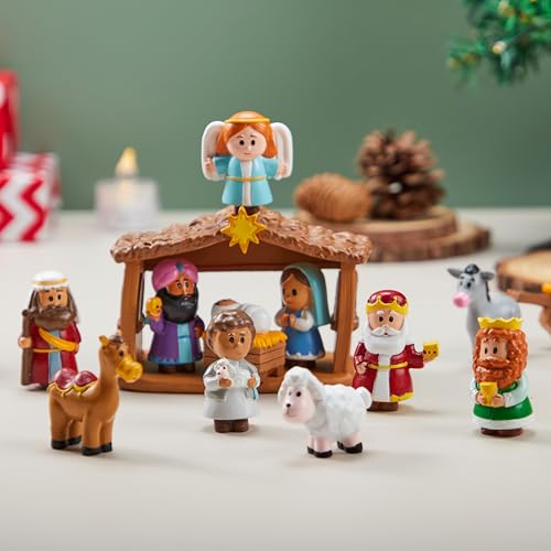 Mini Nativity Playset for Kids - 13 Piece Christmas Scene Decorations