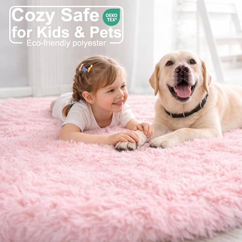 Pink Round Fluffy Area Rug 4ft - Soft Non-Slip Plush Shag Nursery Carpet
