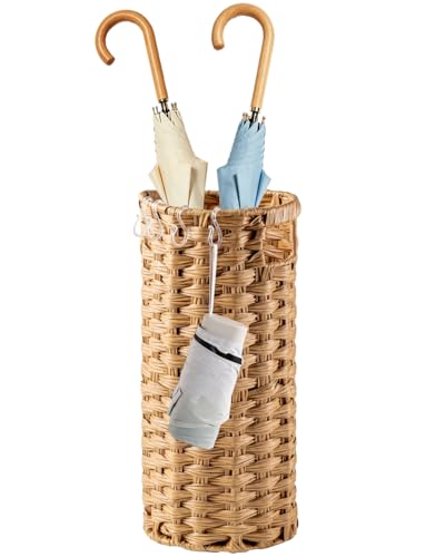 Woven Rattan Umbrella Stand with Drip Tray, Door Mat, and Hooks