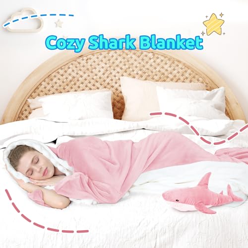 Shark Wearable Blanket Hoodie - Soft Flannel Pink Shark Onesie for Adults