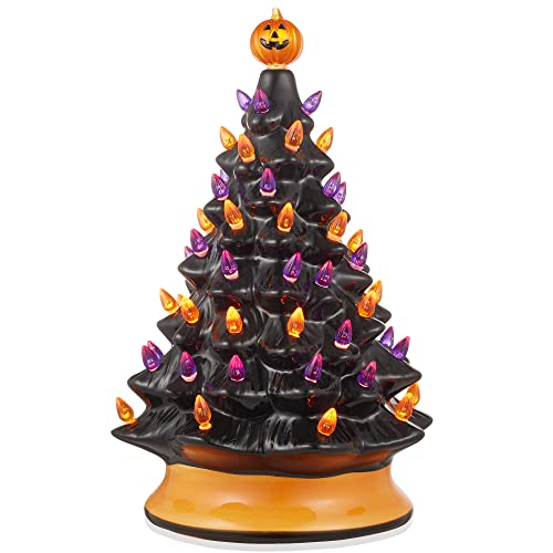 Hand-Painted Ceramic Halloween Tree - 15-Inch Pre-Lit Tabletop Decor