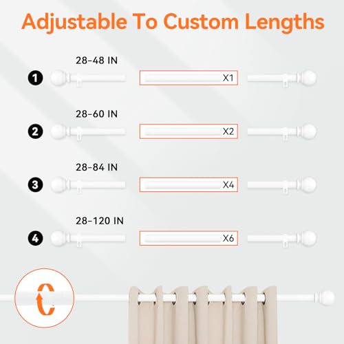 White Adjustable Metal Curtain Rod for Windows 28-48" (5/8" Diameter)