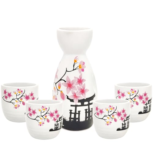 Old Craftsmen's Japanese Sake Set 5 Pcs 200ml Bottle & 50ml Cups Traditional Ceramic Sakura Design