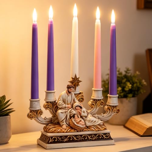 Large Holy Family Nativity Advent Candle Holder - 13.8" White Resin