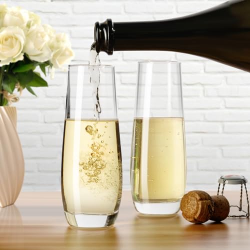 PARACITY Set of 2 8oz Stemless Champagne Flutes - Hand Blown Clear Glass for Cocktails & Sparkling Wine