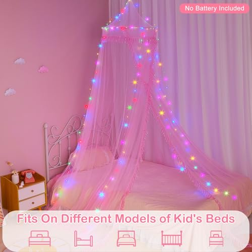 Pink Bed Canopy for Girls Room Decor with LED Lights & Remote Timer