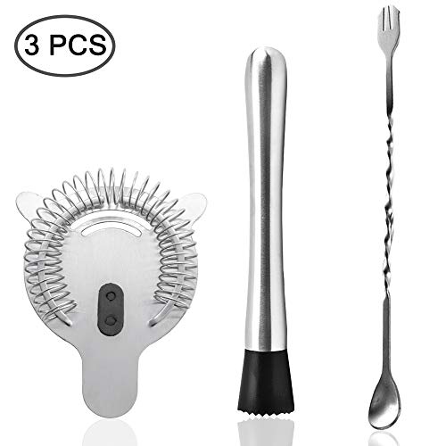 SENHAI Stainless Steel Cocktail Muddler Set with Strainer & Mixing Spoon