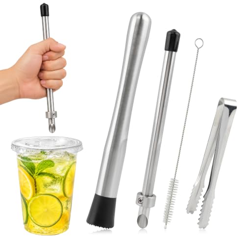 4-Piece Cocktail Bar Tool Set with Muddler, Ice Tongs, Brush & Hole Puncher