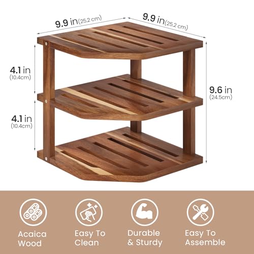 3-Tier Acacia Wood Corner Shelf for Kitchen Countertop and Cabinet Storage