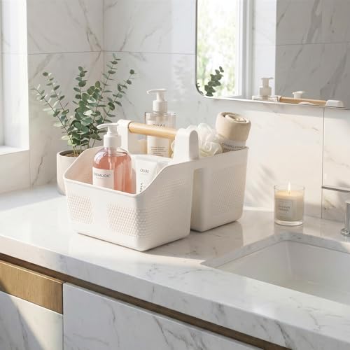 Portable Shower Caddy with Bamboo Handle - Large Plastic Bathroom Organizer