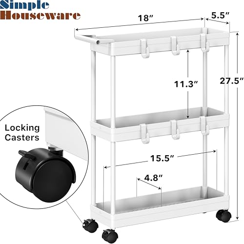 3-Tier Slim Rolling Storage Cart with Handle - 5.5-Inch Narrow Organizer, White