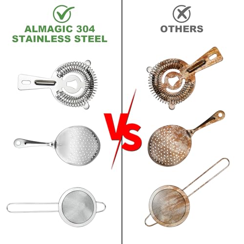 Almagic 3-in-1 Cocktail Strainer Set with Julep, Hawthorne & Fine Mesh - Premium Stainless Steel