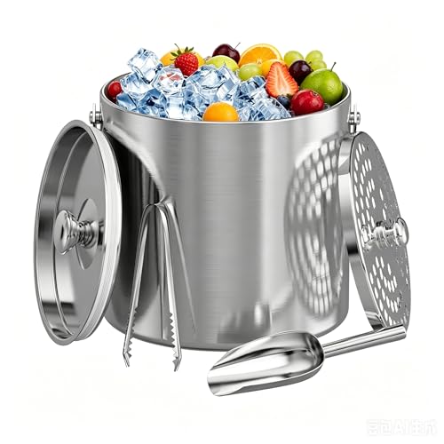 Stainless Steel 3L Double Wall Ice Bucket with Lid, Tongs & Scoop for Cocktails & Party Drinks