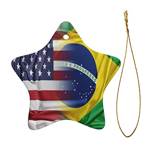 USA Brazil Flag Christmas Tree Ornament Ceramic Double-Sided Hanging Décor - One Size