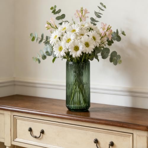 7.5 Inch Green Glass Flower Vase - Thickened Cylindrical Table Decor