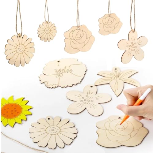 Flower Variation Wooden Ornaments Set - 60 Unfinished Natural Wood Discs with Jute Rope for Christmas & DIY Crafts