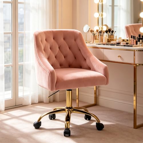 Velvet Office Desk Chair, Adjustable Swivel Vanity Chair with Gold Base