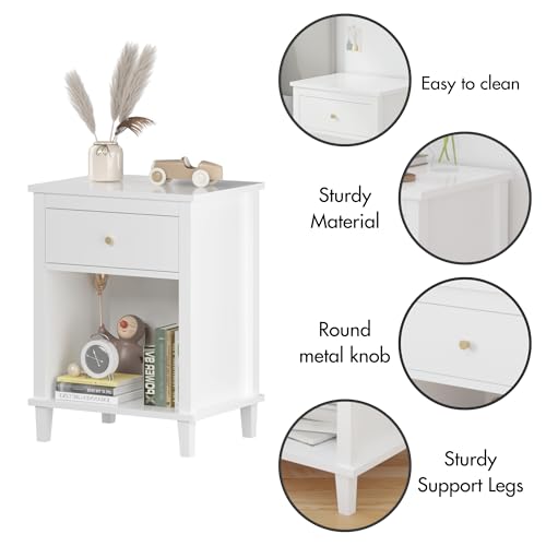 Modern Kids Nightstand with Drawer and Storage Shelf - White Wood Bedside Table