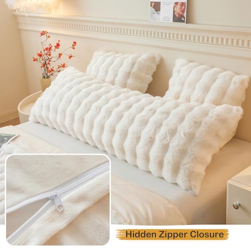 Fluffy Faux Rabbit Fur Body Pillow Cover 20x54, Beige Shaggy Pillowcase