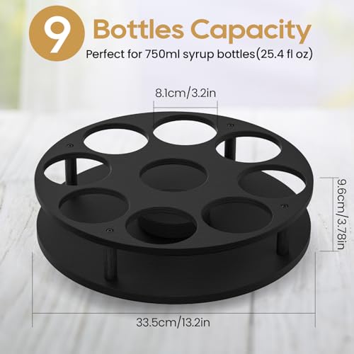 Rotating Coffee Syrup Organizer - 9 Bottle Wooden Rack for Countertop