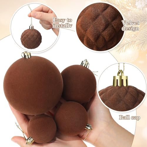Hollowfly 95-Piece Velvet Christmas Ornament Set in Coffee Brown Beige – Includes 48 Velvet Balls, 12 Glitter Berry Stems, 12 Flocking Bows, 12 Lantern Balls, 10 Stars, Top Star