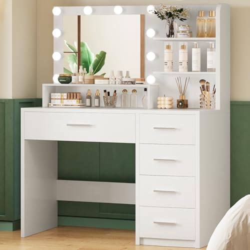 White Makeup Vanity Desk with Lighted Mirror, 5 Drawers & Storage Shelves