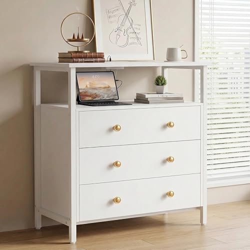 27-Inch Wide 3-Drawer Nightstand with Built-in Charging Station, White