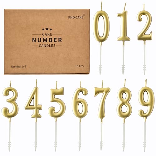 Gold Number Birthday Candles Set - 10 Pieces 0-9 Glitter Cake Toppers